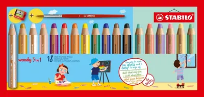 Set de creioane colorate Stabilo Woody 3 in 1 - 12 + 6 culori pastelate, cu ascuțitor și pensulă