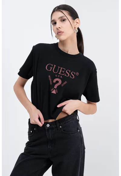 Tricou crop cu logo brodat - Maro inchis/Negru