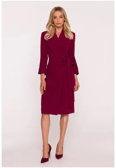 Rochie Midi - S415 bordo Decolteu in V - Guler Sal - Maneci 7/8 - Legatura in talie - Material neted cu finisaj moale - Partial captusita - Stil infasurat - Visiniu