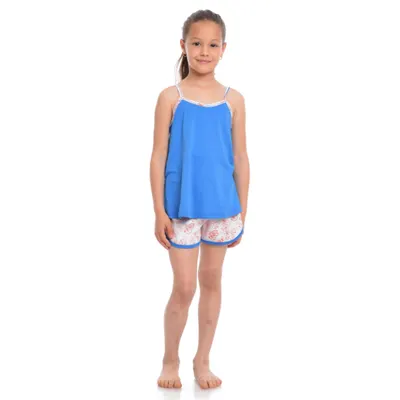 Pijama de vara fete AV2237 albastru/alb floral, Andana | marimea 34 (7/8 ani)