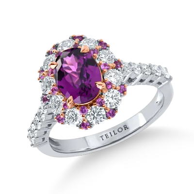 Inel din aur alb cu granat mov oval de 1.5 ct, diamante de 0.9ct si safire roz de 0.2ct