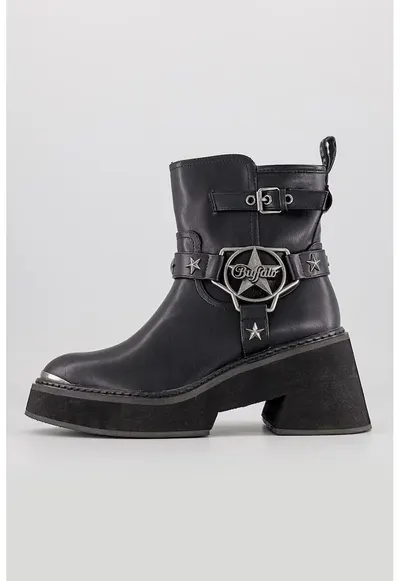 Ghete biker de piele ecologica cu toc masiv Bull Star - Negru
