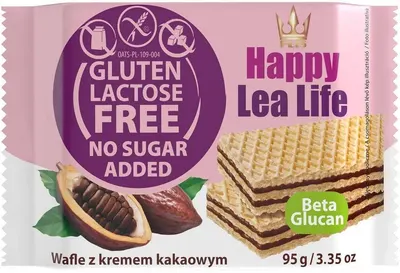 Napolitane fără gluten, lactoză și zahăr, cu cacao, 95 g, Happy Lea Life
