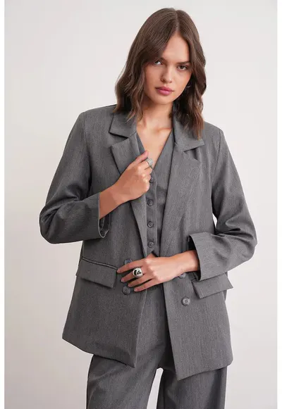 Sacou dama gri inchis - maneca lunga - cu buzunare - textil