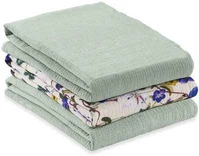 Scutece muselină Hauck - Cuddle N Clean, set de 3 bucăți, Sage/Beige/Floral