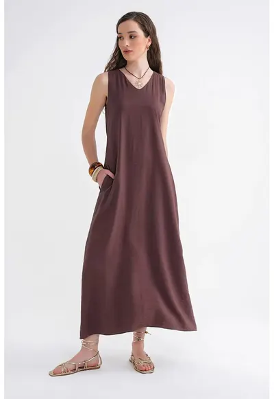 Rochie Maxi - Fara Maneci - Culoare Maro - Textil