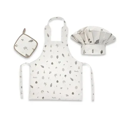 Set Micutul bucatar, MimiNu, Cu sort, o boneta si accesoriu pentru vase calde, Din bumbac certificat Oeko Tex Standard 100, Leaves