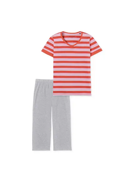 Pijama de bumbac cu pantaloni trei sferturi - Rosu/Gri/Roz