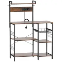 HOMCOM Raft pentru bucătărie, raft independent cu 2 prize, 5 cârlige S, 5 polițe, coș, bare în X, oțel 90 x 42 x 130 cm | Aosom Romania