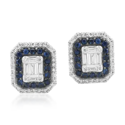 Cercei din aur alb cu diamante baguette si rotunde de 1ct si safire de 0.4ct