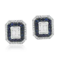 Cercei din aur alb cu diamante baguette si rotunde de 1ct si safire de 0.4ct