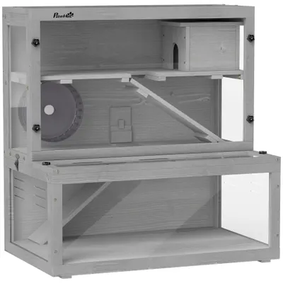 PawHut Cușcă pentru Hamster din Lemn, 3 Niveluri cu Căsuță, Roată, Rampe, Panou Transparent, Spații Separate, 80x50x84cm, Gri | Aosom Romania