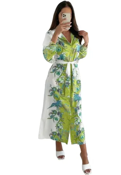 Rochie midi - model floral - alb/verde - cu cordon - guler tip camasa
