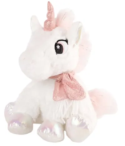 Jucărie de pluș Amek Toys - Unicorn așezat cu eșarfă roz, alb, 25 cm