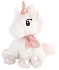 Jucărie de pluș Amek Toys - Unicorn așezat cu eșarfă roz, alb, 25 cm