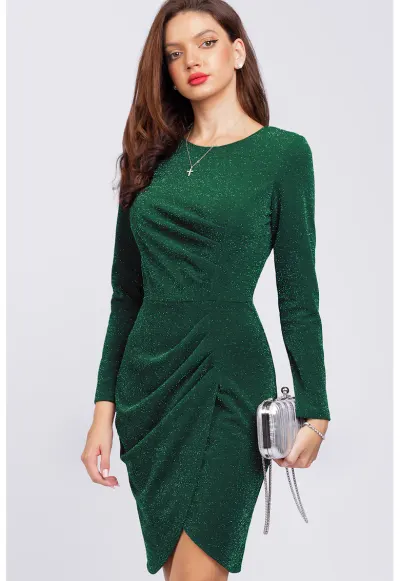 Rochie cambrata cu aspect stralucitor si maneci lungi - Verde inchis