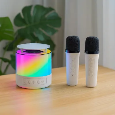 Boxa cu 2 Microfoane, Portabila, cu jocuri de lumini,RGB, rotunda, karaoke Smart copii, difuzor Wireless