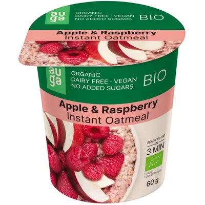 Porridge din Ovaz Integral cu Mar si Zmeura fara Zahar Adaugat Ecologic/Bio 60g