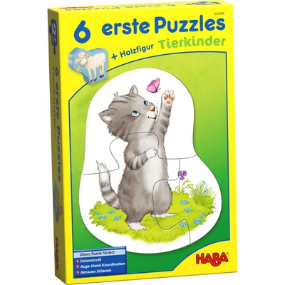 Set de 6 puzzle-uri cu piese mari din carton și o figurină din lemn
