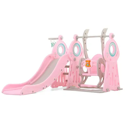 Spatiu de joaca pentru copii Nichiduta Garden Ocean Pink interiorexterior 3in1 cu tobogan, leagan cu bara de protectie detasabila si inaltime reglabila, jucarie muzicala, cos de baschet si minge inclusa
