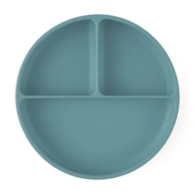 Farfurie compartimentata, Petite&Mars, Take&Match, Din silicon, Rotunda, Cu ventuza si 3 compartimente, Adecvata pentru masina de spalat vase si microunde, Nu absoarbe mirosuri, Fara BPA, 500 ml, 6 luni+, Frosted Sky, Albastru