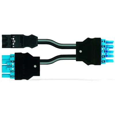 pre-assembled Y-cable; Eca; 2 x plug/socket; 3-pole + 5-pole/5-pole; Cod. A/I; H05Z1Z1-F 3G 2.5 mm²; H05Z1Z1-F 2 x 1,50 mm²; 0.5 m; 1,50 mm²; black/blue
