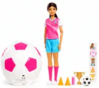 Păpușă Barbie Roll and Reveal - Fotbalistă, cu 8 surprize și minge de fotbal