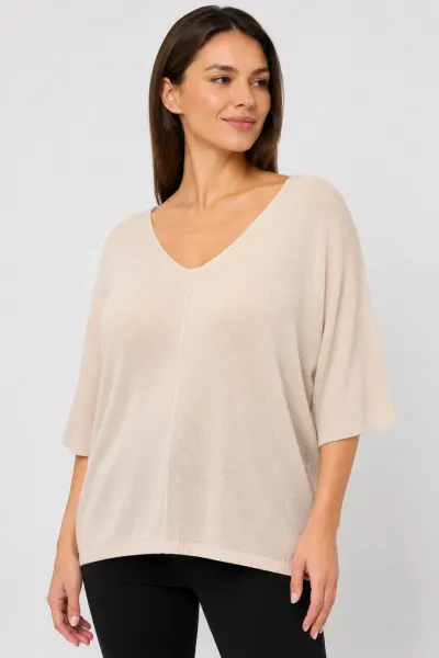 Bluza fin tricotata bob de orez, cu maneca fluture 3 4, bej