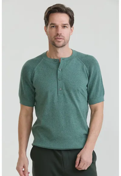 Tricou slim-fit cu guler henley - Verde persan