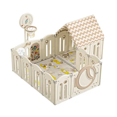 Gardulet loc de joaca copii Nichiduta Garden Happy Home cu poarta de siguranta, Cos de baschet, Unitate muzicala,covoras 1cm grosime, cuburi,tabla, instrumente pentru scris, 100 bile color si casuta