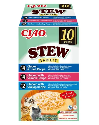 INABA Cat Ciao Stew Creamy Variety 10×40 g Mix de gustări cu pui, pește și scoici în sos cremos pentru pisici