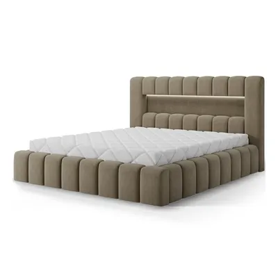 Pat matrimonial maro deschis tapițat cu spațiu de depozitare cu somieră 160x200 cm Lamica – ELTAP