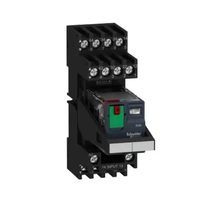 Releu miniatural pre-asamblat cu soclu, Relee electromecanice Harmony, 10A, 2CO, LED, buton de testare blocabil, terminal mixt, 24V AC