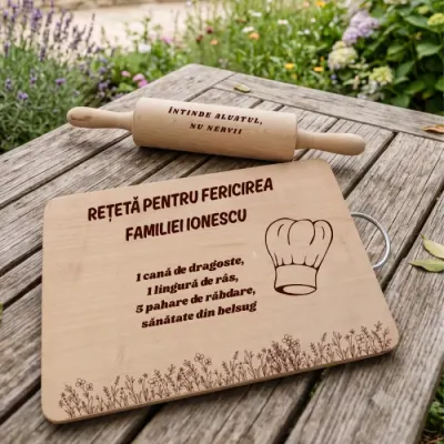 Set Cadou Personalizat: Tocator E i Sucitor din Lemn Gravat Laser , zReteta Fericirii