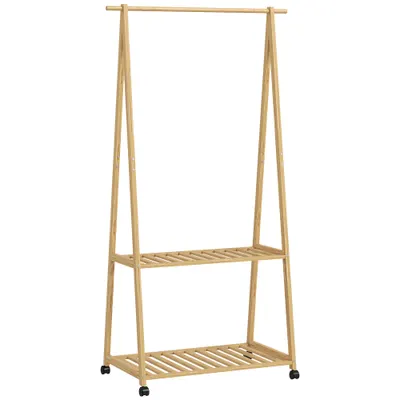 HOMCOM Cuier din Bambus cu Raft pentru Încălțăminte, 2 Cârlige, Cuier Mobil pentru Hol, Sufragerie, Natural | Aosom Romania