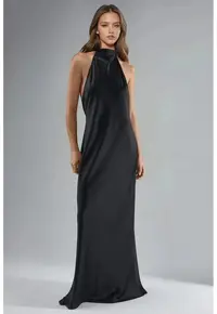 Rochie Maxi Satin - Guler Halter - Negru - Femei