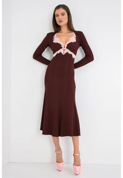 Rochie midi striata cu garnituri din dantela - Visiniu