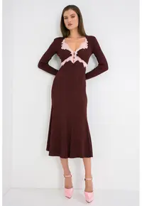 Rochie midi striata cu garnituri din dantela - Visiniu