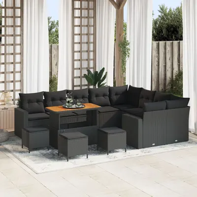 Set de canapea de gradina Gossi cu 12 piese si perne negru ratan acacia, set de dining de gradina Gossi cu 3 piese si perne negru ratan acacia