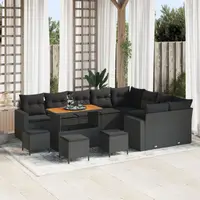 Set de canapea pentru gradina Gossi 13 piese cu perne negru poliratan acacia, set de dining pentru gradina Gossi 4 piese cu perne negru poliratan acacia