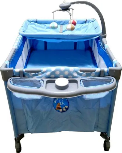 Patut copii Baby Care PRO FMAT Albastru, Pliabil, 2 Niveluri de inaltime, Melodii, Masa infasat, Carusel cu jucarii din plus, Plasa insecte