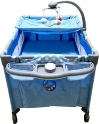 Patut copii Baby Care PRO FMAT Albastru, Pliabil, 2 Niveluri de inaltime, Melodii, Masa infasat, Carusel cu jucarii din plus, Plasa insecte