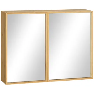 Kleankin Oglindă de Baie din Bambus, cu 3 Rafturi și 2 Uși, Design Natural, 65.2x14x50 cm | Aosom Romania