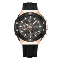 Ceas Bărbați Curren 8462 Negru cu Accente Rose Gold, Cronograf Quartz, Curea Silicon Neagră, 45 mm