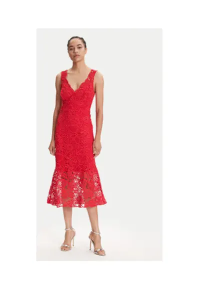 Rochie midi din dantelă cu decolteu în V și tiv evazat