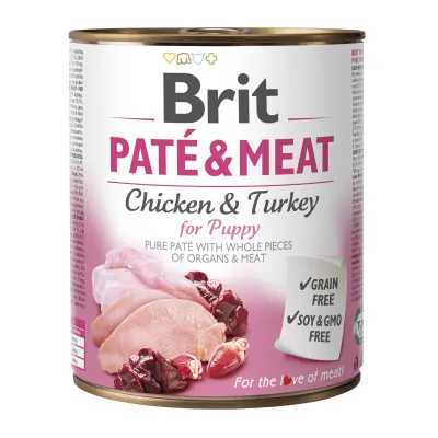 BRIT Pate and Meat Puppy, XS-XL, Pui și Curcan, conservă hrană umedă câini junior, (pate), 800g