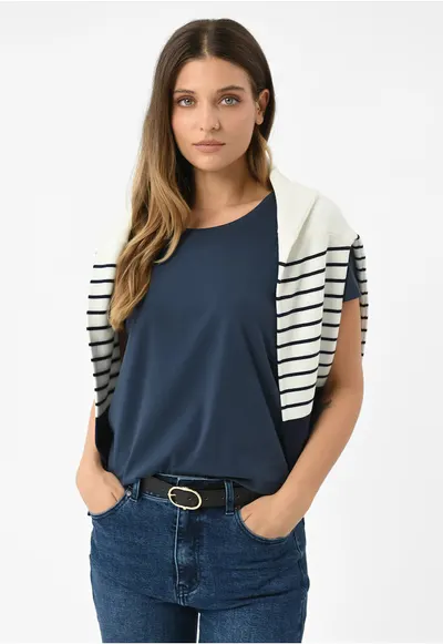 Tricou dama din bumbac - uni - Regular Fit - decolteu la baza gatului - T-Diana - albastru marin - Bleumarin