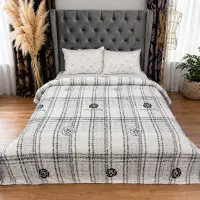 Patura pufoasa cocolino 200x230cm, 240g/mp, Gri, Alb, dungi, trandafiri
