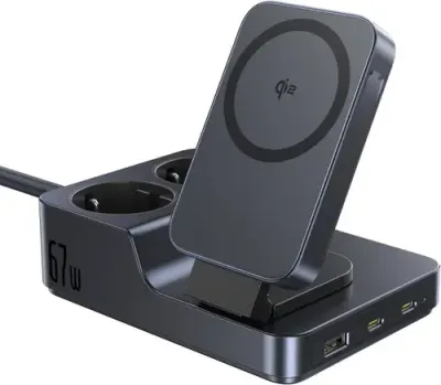 Statie incarcare Baseus Nomos ND11 6 in 1, 2x AC, 1x USB-A, 2x USB-C, Qi2 Wireless, 67W, 1.5m (Negru)