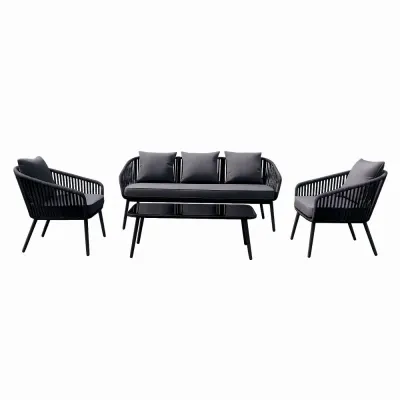 Set mobiler terasa/gradina din aluminiu KLUGMEISTER KJF10537, canapea + doua fotolii + masa din sticla (perne incluse), culoare gri